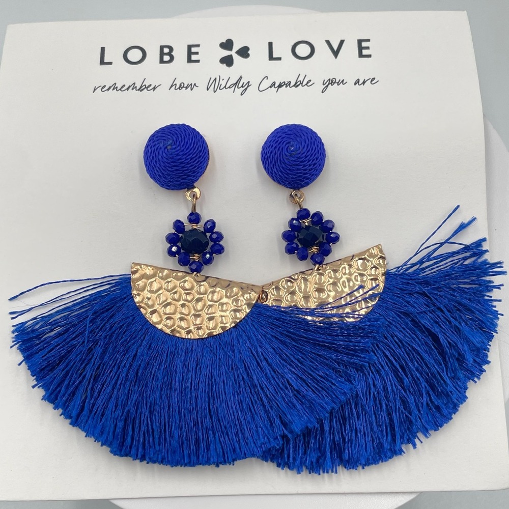 Vintage Cobalt Blue Tassel Fringe Hammered Gold Tone Drop Earrings Lobe Love NWT